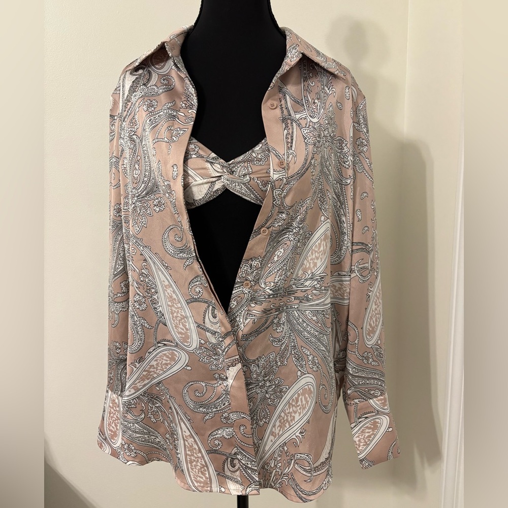 ACOA Paisley Print satin Blouse (Size Medium) and Bra Top (Size Small) Set